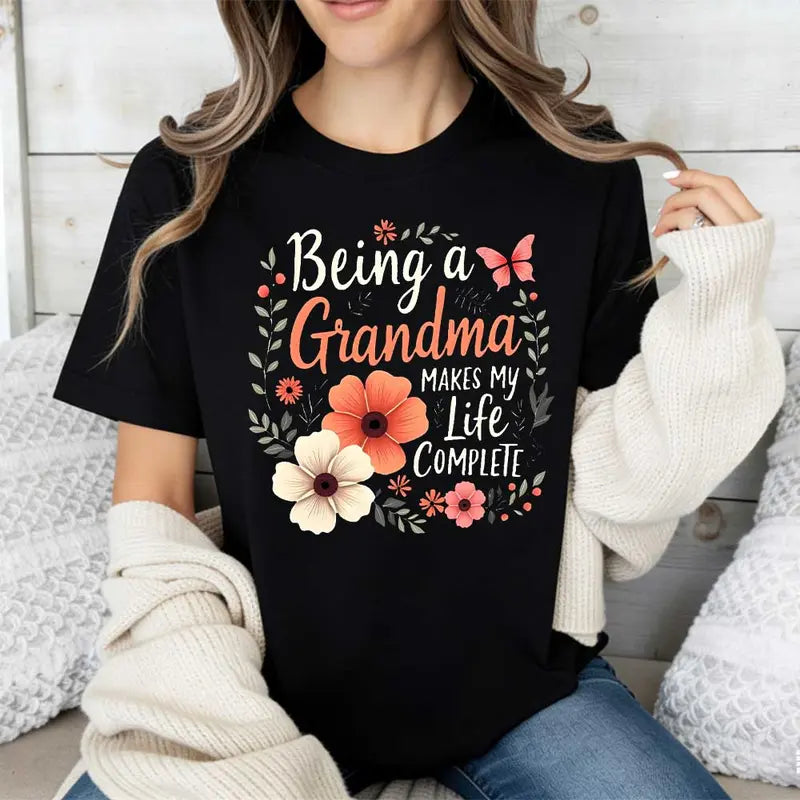 Elegant Floral "Grandma Makes Life Complete" Graphic Tee for Women