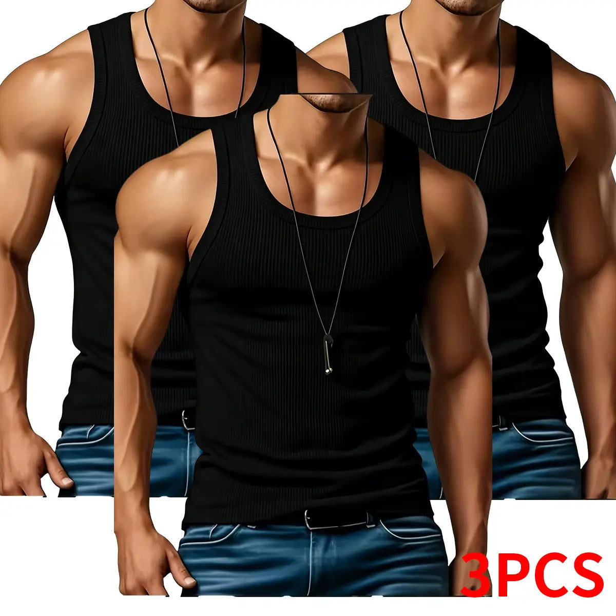 Men's Ribbed Knit Tank Top 3-Pack for Gym Training and Everyday Casual Style