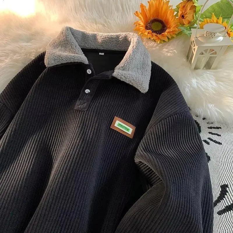 Corduroy Polo Collar Pullover Sweater for Cozy Winter Streetwear Outfits