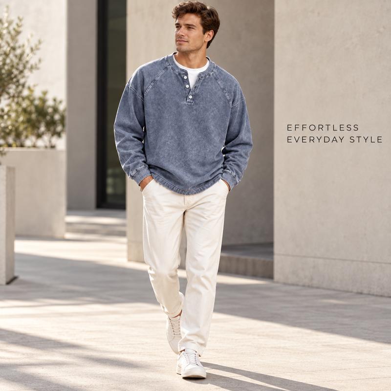 Men's Vintage Washed Henley Shirt with Long Sleeves and Relaxed Fit