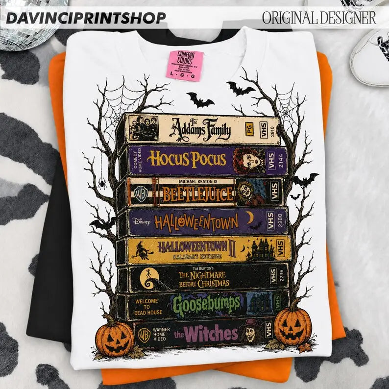 Vintage Spooky Movie VHS Stack Graphic T-Shirt for Halloween Fans