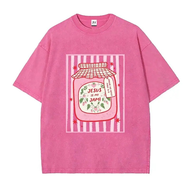 Sweet Faith: The "Jesus Is My Jam" Strawberry Jar Washed Graphic Tee
