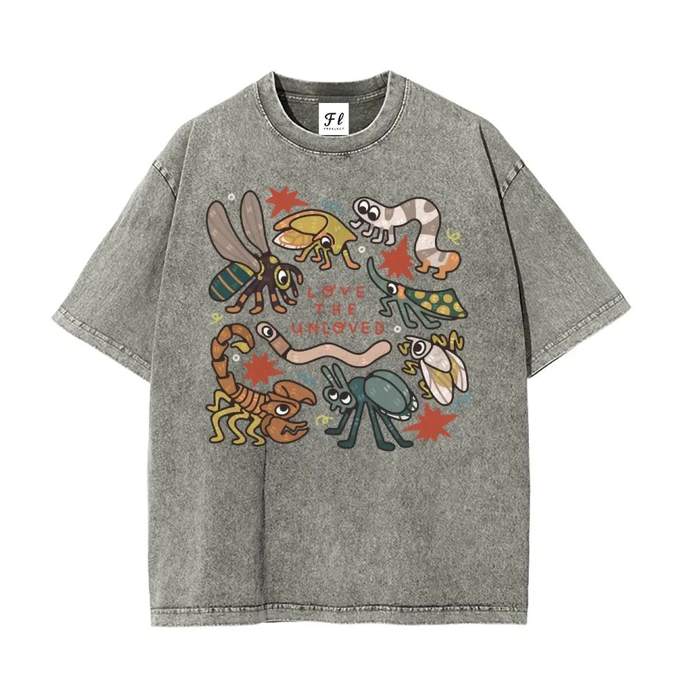 "Love The Unloved" Vintage Washed Insect Graphic Tee - Oversized Quirky Bug Lover Streetwear