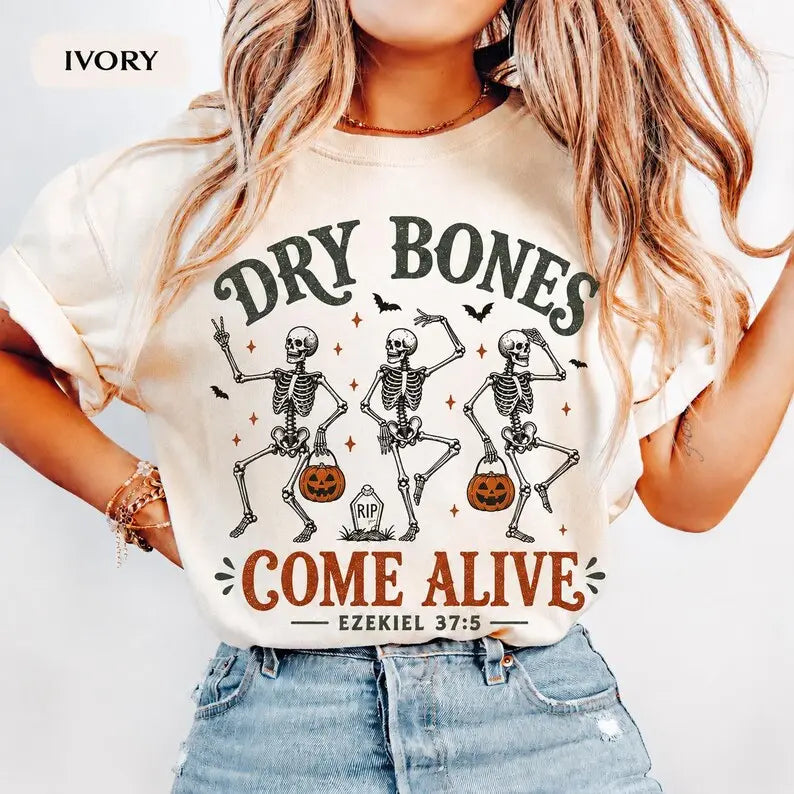 Christian Dry Bones Halloween Graphic Tee for Faith Based Fall Outfits