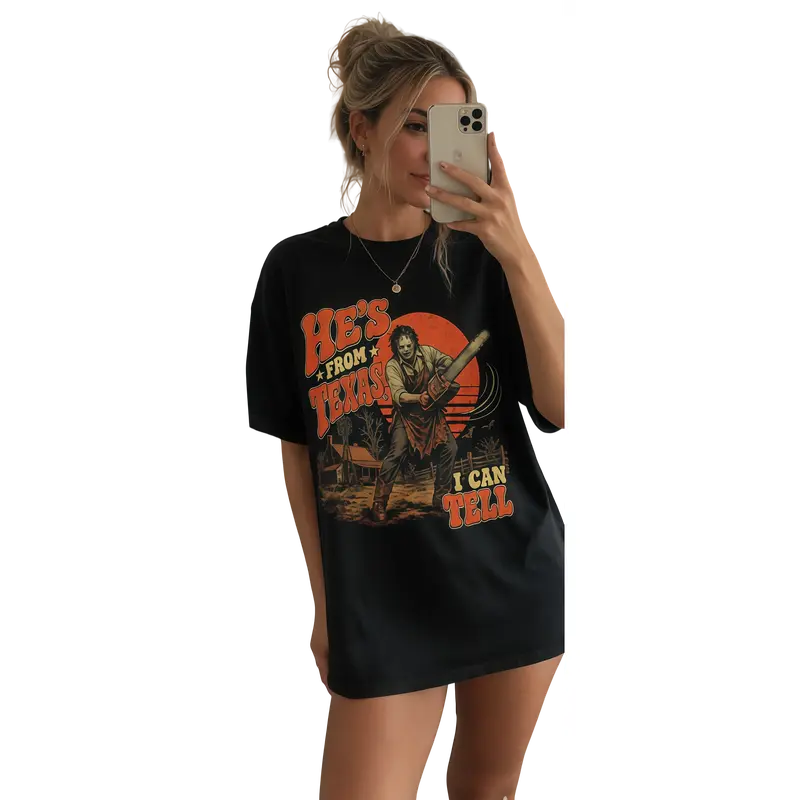 Texas Slasher Horror Graphic Tee for Spooky Season Movie Fan Outfits