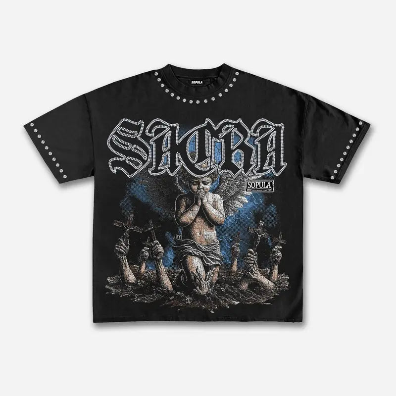 Retro Angel Graphic T-Shirt with Gothic Streetwear Style for Men