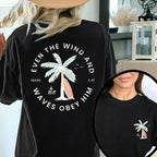 "Even The Wind And Waves Obey Him" Beachy Christian Graphic Tee - Mark 4:41 Retro Surf Style Bible Verse Shirt