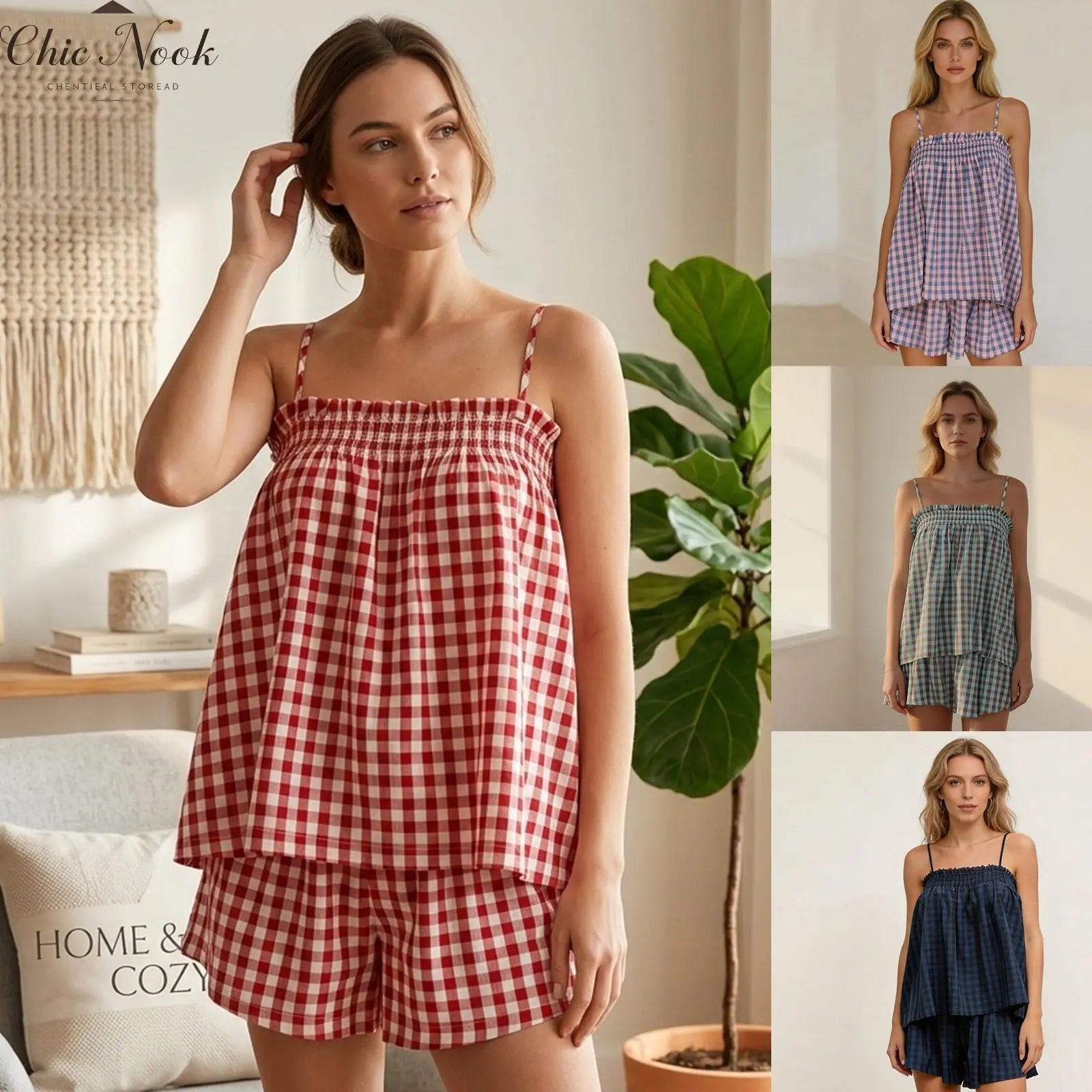 Women's Plaid Gingham Lounge Outfits Ruffle Flowy Tank Tops and  Wide Leg Shorts Sets