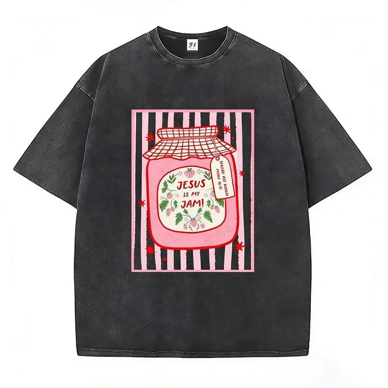 Sweet Faith: The "Jesus Is My Jam" Strawberry Jar Washed Graphic Tee