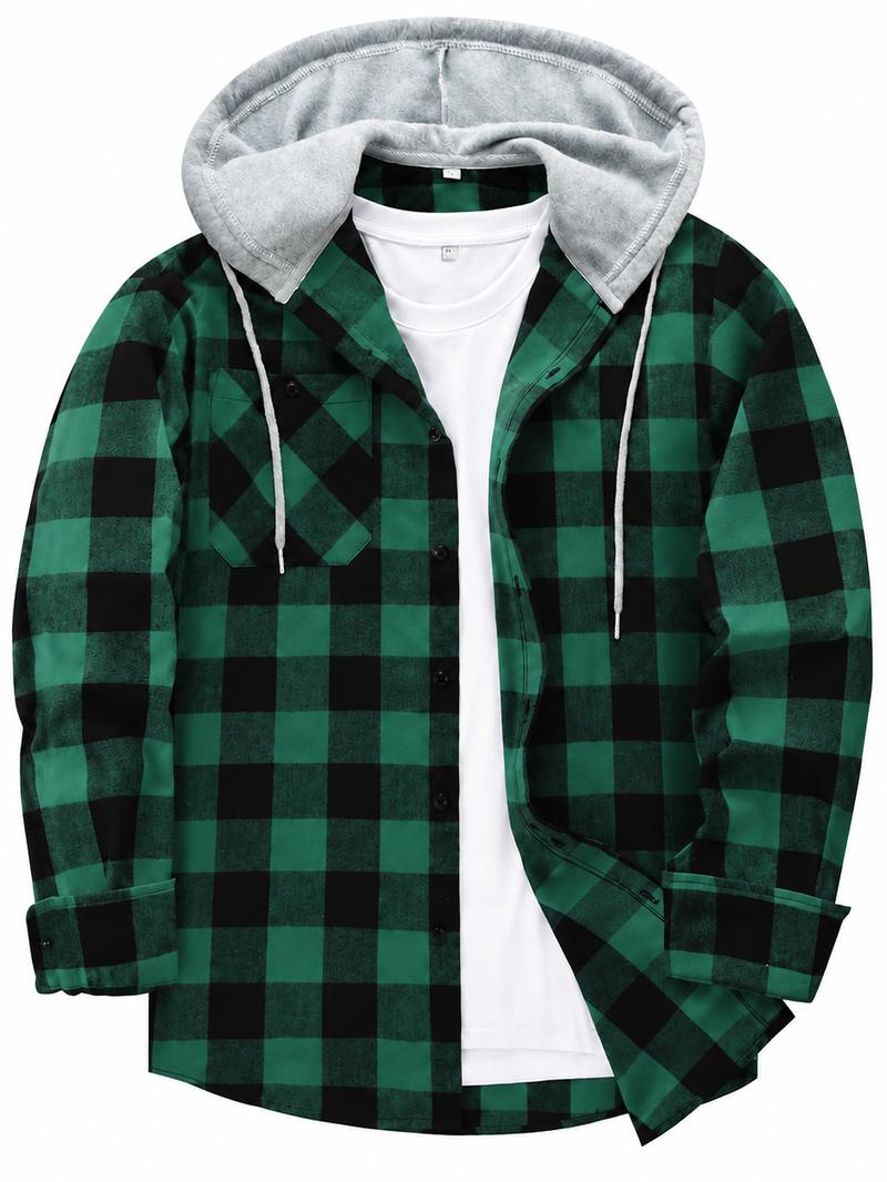 Men's Plus Size Checked Flannel Hooded Long Sleeve Shirt-Jacket - Button Front, Drawstring Hood, Pockets, Soft Casual Style Outerwear for Streetwear, Office Classic Outdoor