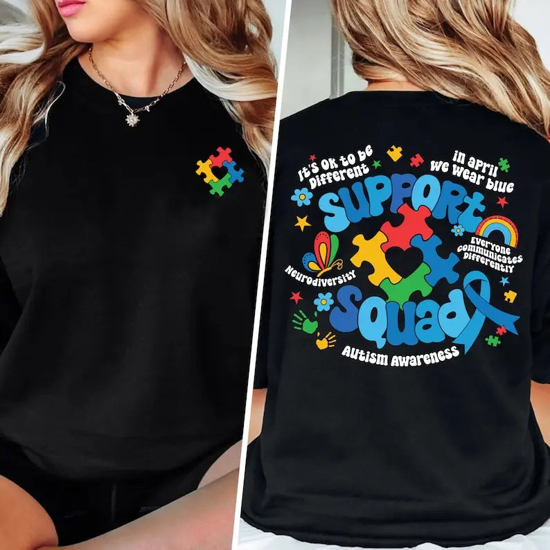 "Support Squad" Neurodiversity Pride: Vibrant Autism Awareness Graphic Tee