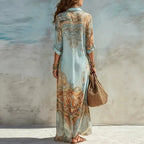 Women's V-Neck Maxi Featuring an Ethnic Printed Color Pattern, Belted Waist, Plussize Curvy Clothing, Lady, Casual Wear