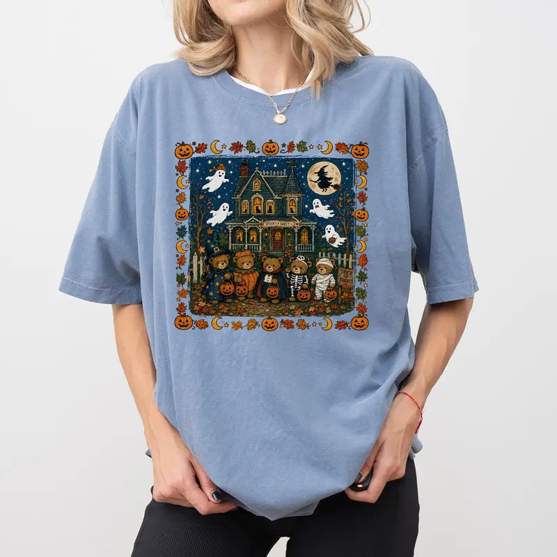 Vintage Halloween Bears Haunted House Graphic T-Shirt