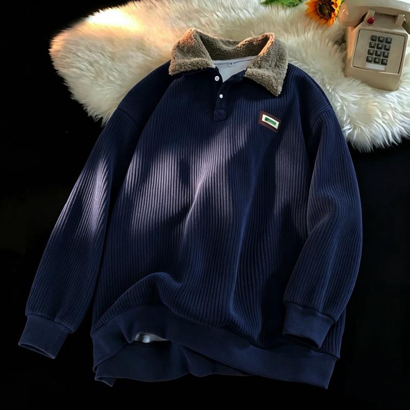 Corduroy Polo Collar Pullover Sweater for Cozy Winter Streetwear Outfits
