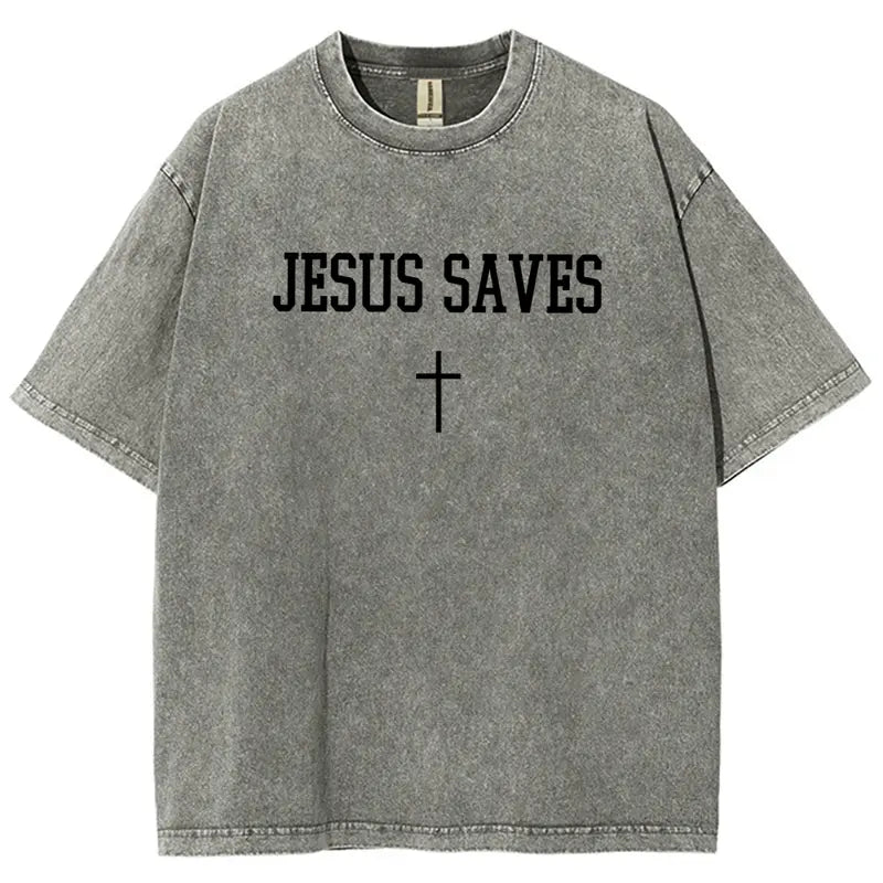 Faith in the Streets: "Jesus Saves" Vintage Washed Oversized Graphic Tee