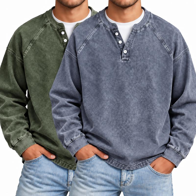 Men's Vintage Washed Henley Shirt with Long Sleeves and Relaxed Fit