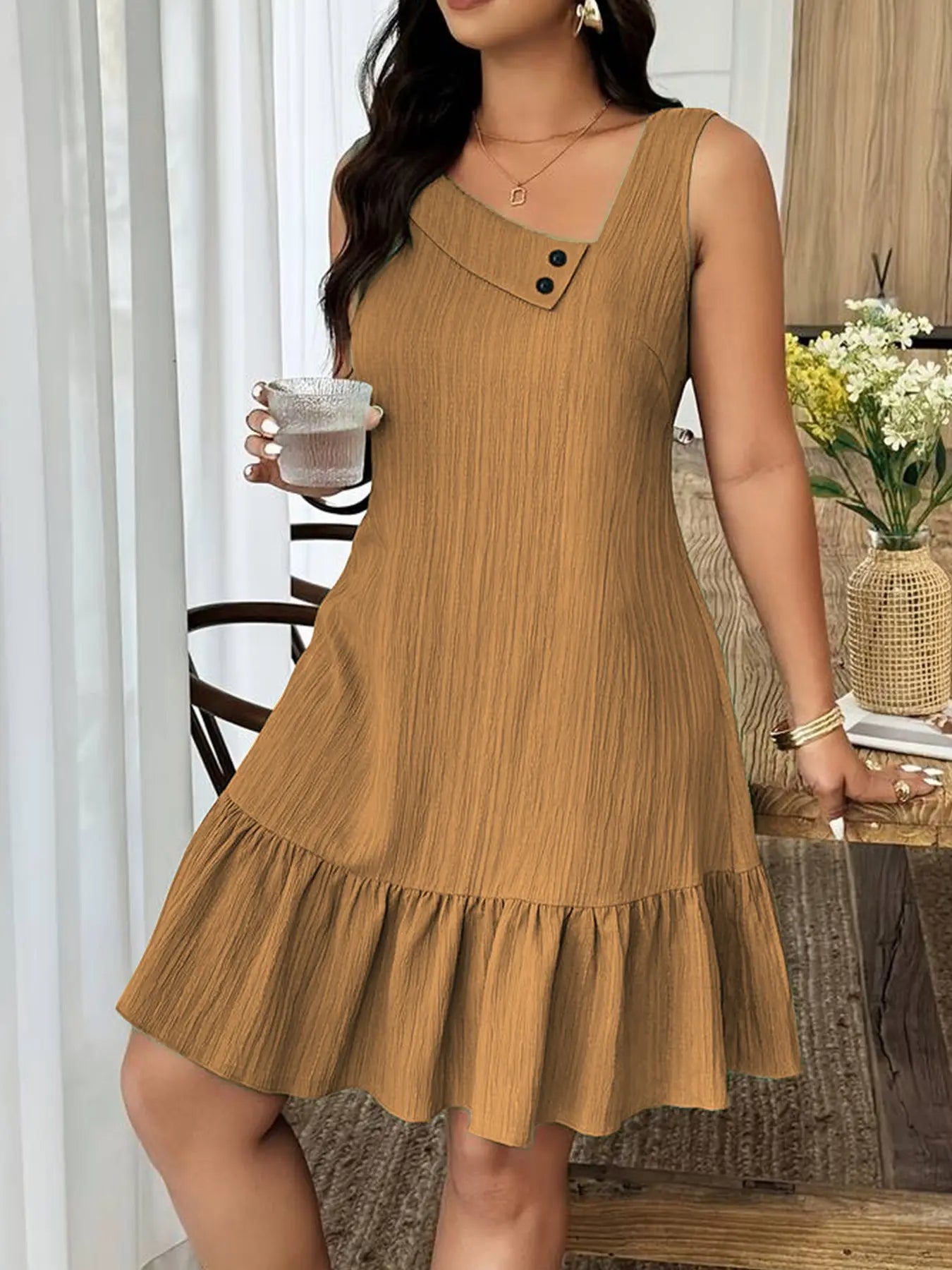Blue Sleeveless Ruffle Hem Sundress for Summer Daily Wear