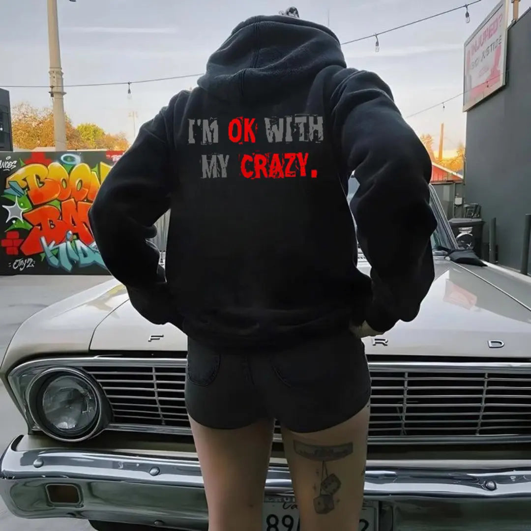 MadFits Black I'm OK With My Crazy Distressed Hoodie Back View Lifestyle Shot