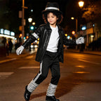Meihuida Kids Pop Star Halloween Costume Set Black Sequin Jacket Trousers Hat Gloves 80s Retro Stage Outfit for Boys