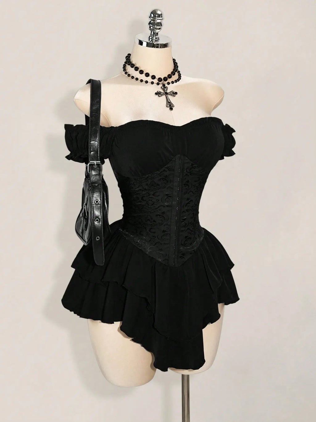 Off-Shoulder Gothic Corset Mini Dress with Ruffle Hem