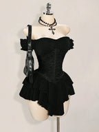 Off-Shoulder Gothic Corset Mini Dress with Ruffle Hem