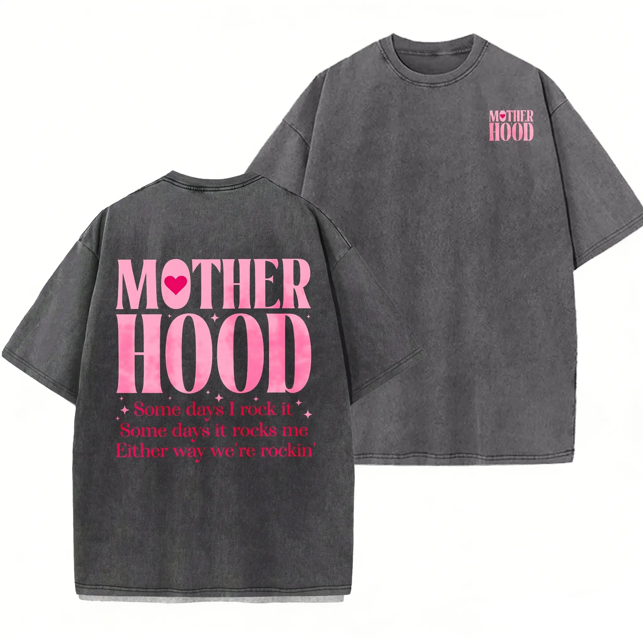 "The Real Motherhood" Acid Wash Graphic Tee - Retro Oversized Pink Statement Streetwear for Moms