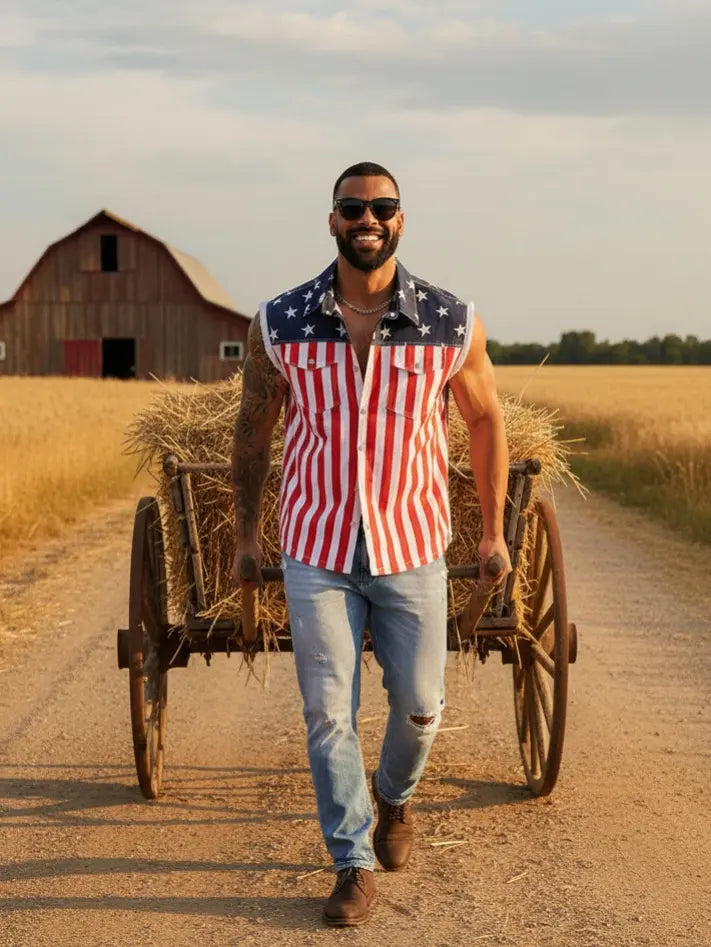 American Flag Sleeveless Denim Vest for Fourth of July Summer Outfits