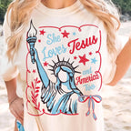 "She Loves Jesus & America Too" Vintage Patriotic Graphic Tee - Faith and Freedom 4th Of July Shirt