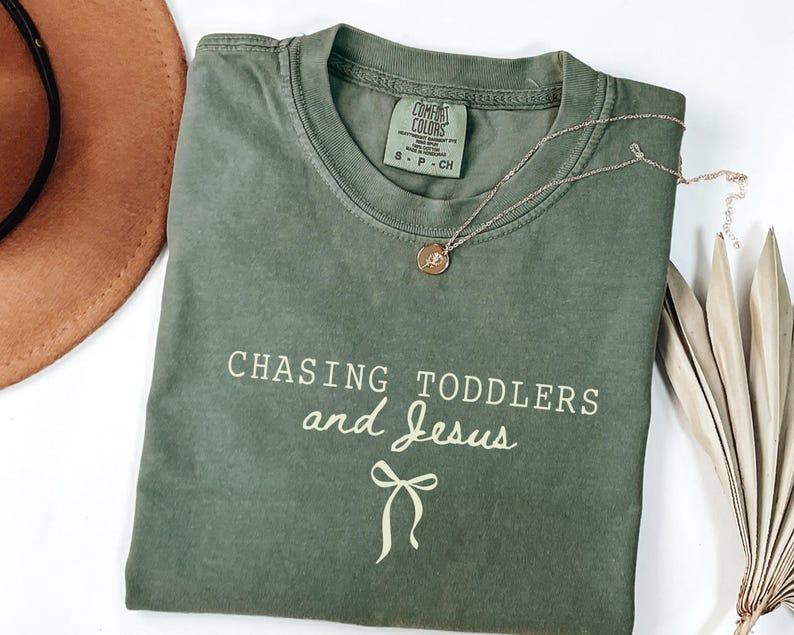 The "Chasing Toddlers & Jesus" Everyday Tee -  Christian Mom Shirt with Coquette Bow Detail