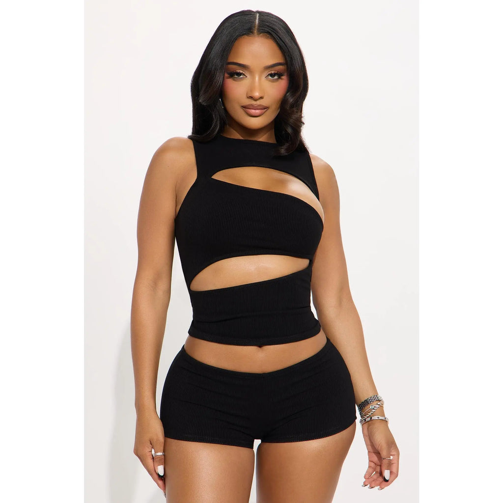 Black Cutout Crop Top and Micro Mini Shorts Set for Night Out