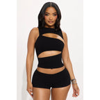 Black Cutout Crop Top and Micro Mini Shorts Set for Night Out