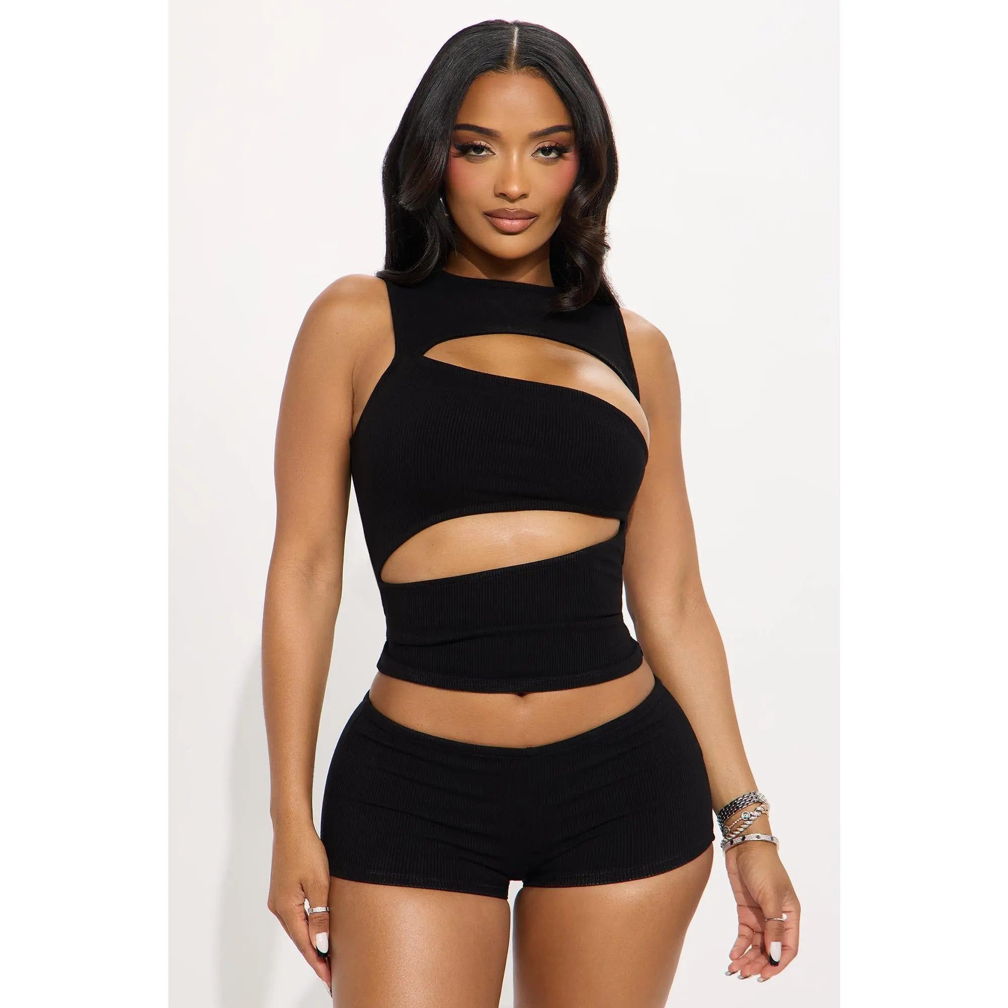 Black Cutout Crop Top and Micro Mini Shorts Set for Night Out