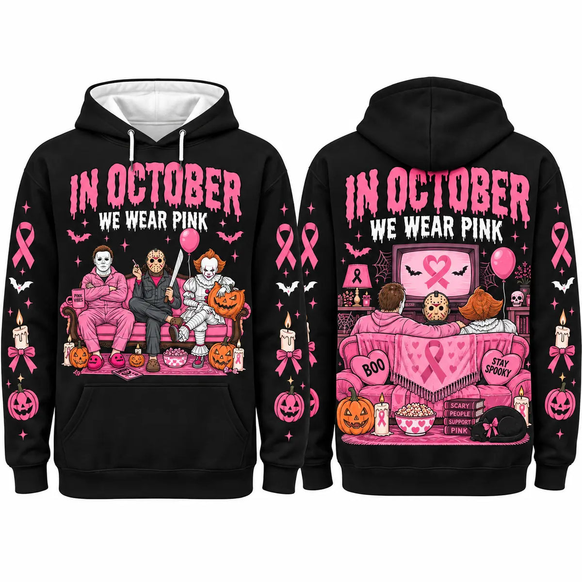 October Awareness Ribbon Horror Hoodie for Spooky Season Support and Fall Outfits