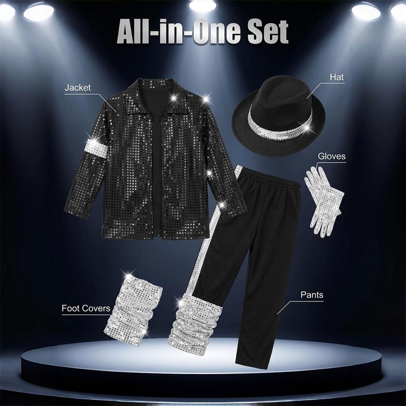 Meihuida Kids Pop Star Halloween Costume Set Black Sequin Jacket Trousers Hat Gloves 80s Retro Stage Outfit for Boys