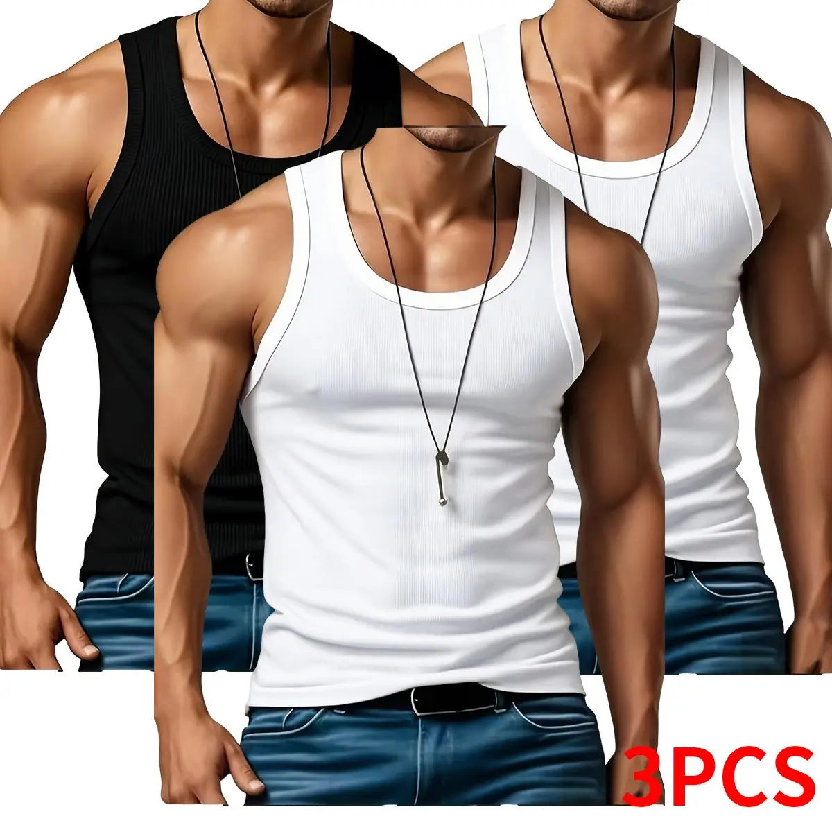 Men's Ribbed Knit Tank Top 3-Pack for Gym Training and Everyday Casual Style