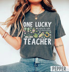 "One Lucky Teacher" Comfort Colors St. Patrick's Day Tee - Retro Coffee & Shenanigans Graphic Shirt
