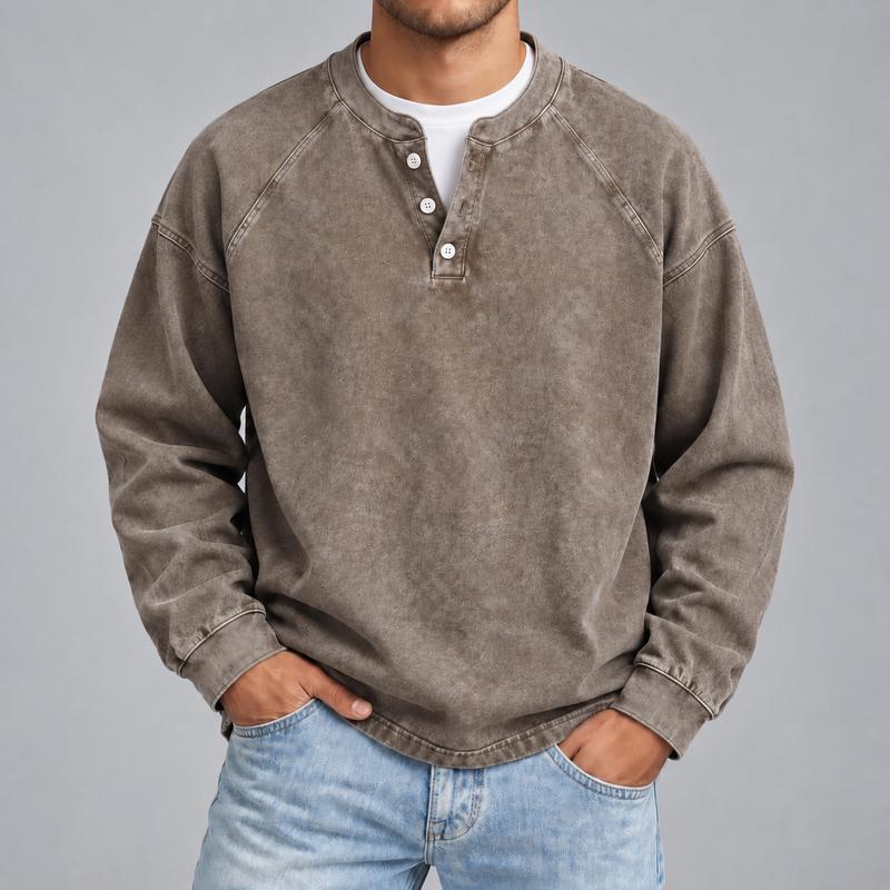 Men's Vintage Washed Henley Shirt with Long Sleeves and Relaxed Fit