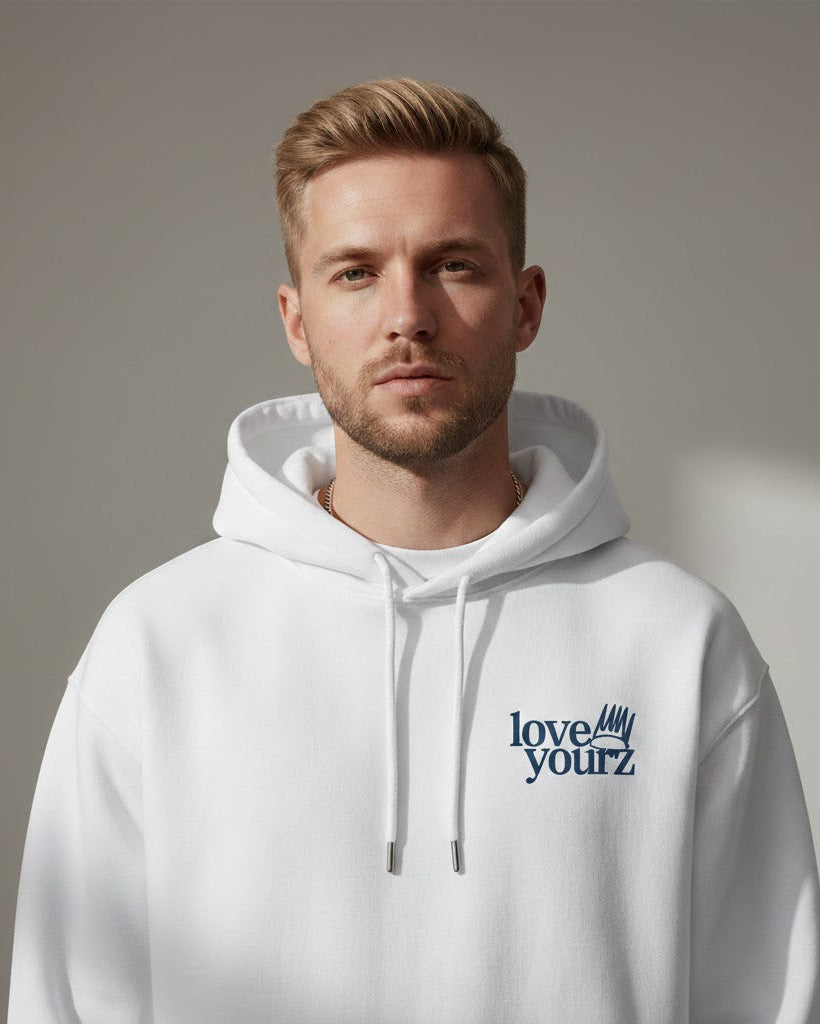 MadFits White Love Yourz Hoodie Front View Male Model Chest Logo Detail