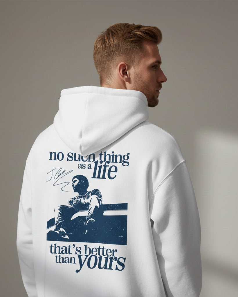 MadFits White Love Yourz Hoodie Back View Male Model J. Cole Quote Graphic