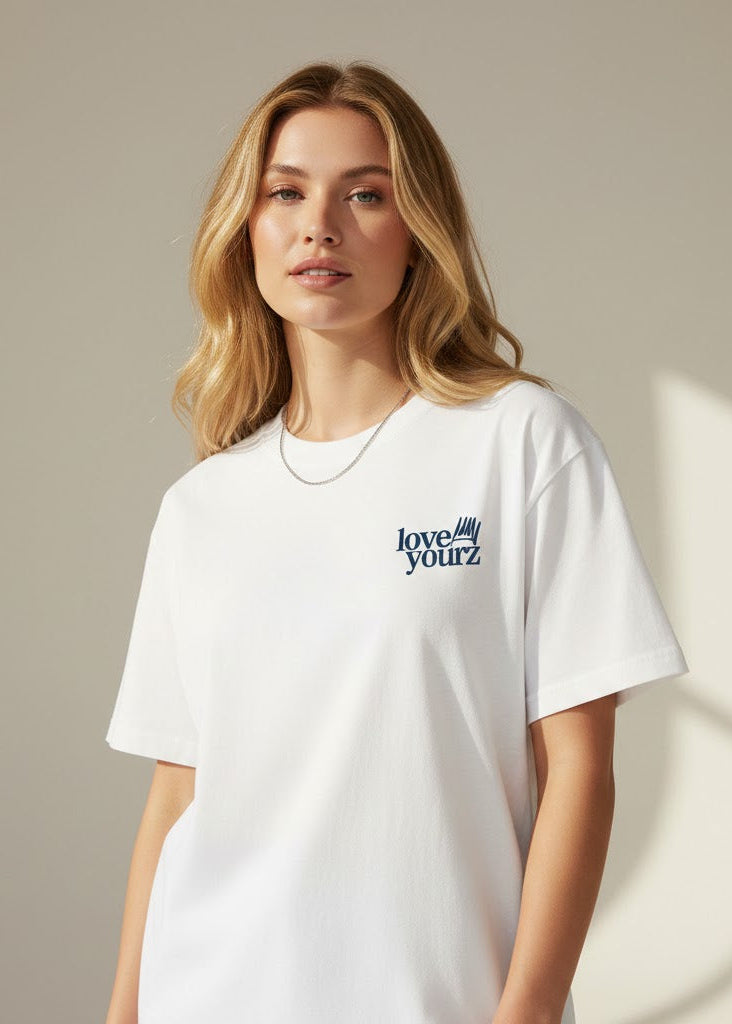 MadFits White Love Yourz Tee Front View Female Model Lifestyle Fit